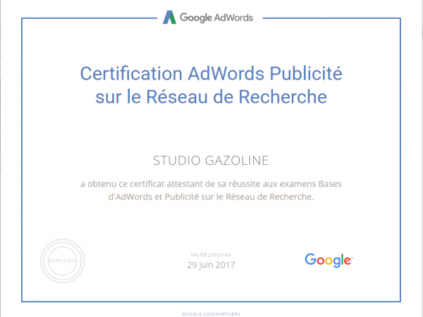 Studio Gazoline obtient les accréditations spécialiste Google AdWords et Analytics agrée !
